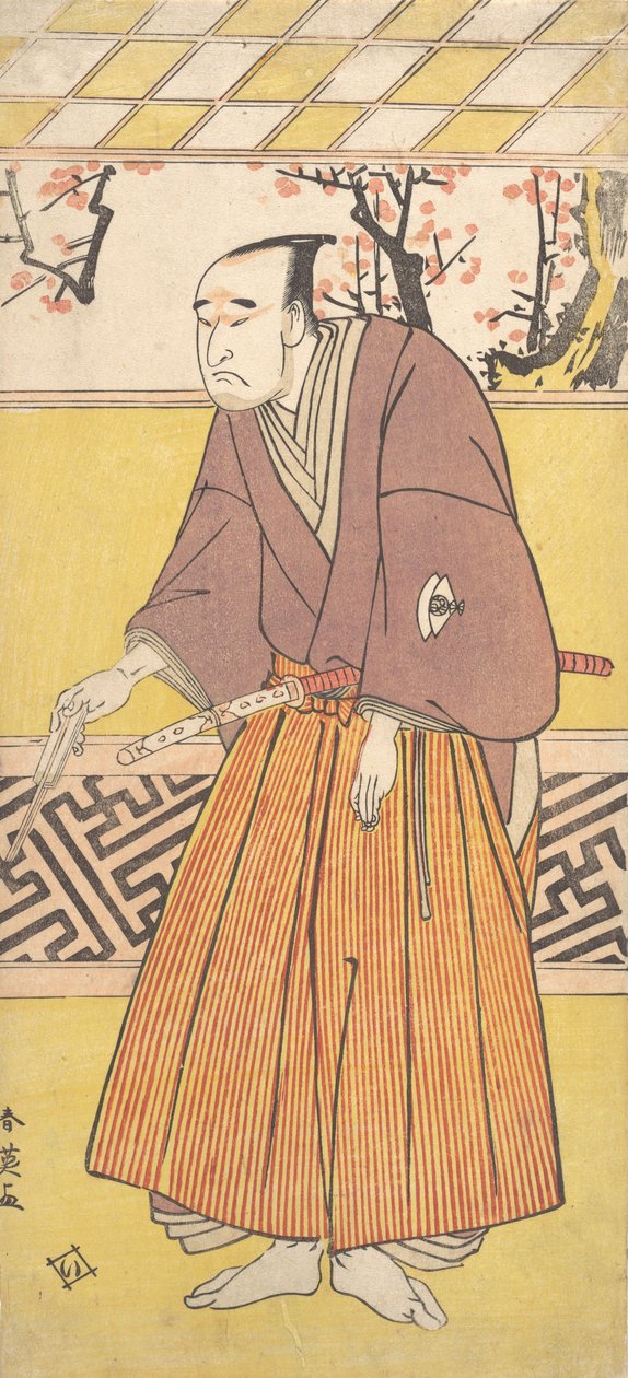 Näyttelijä Onoye Matsusuke I, miehenä, joka pitää kiinni tuuletinta oikeassa kädessään, n. 1780. tekijältä Katsukawa Shun