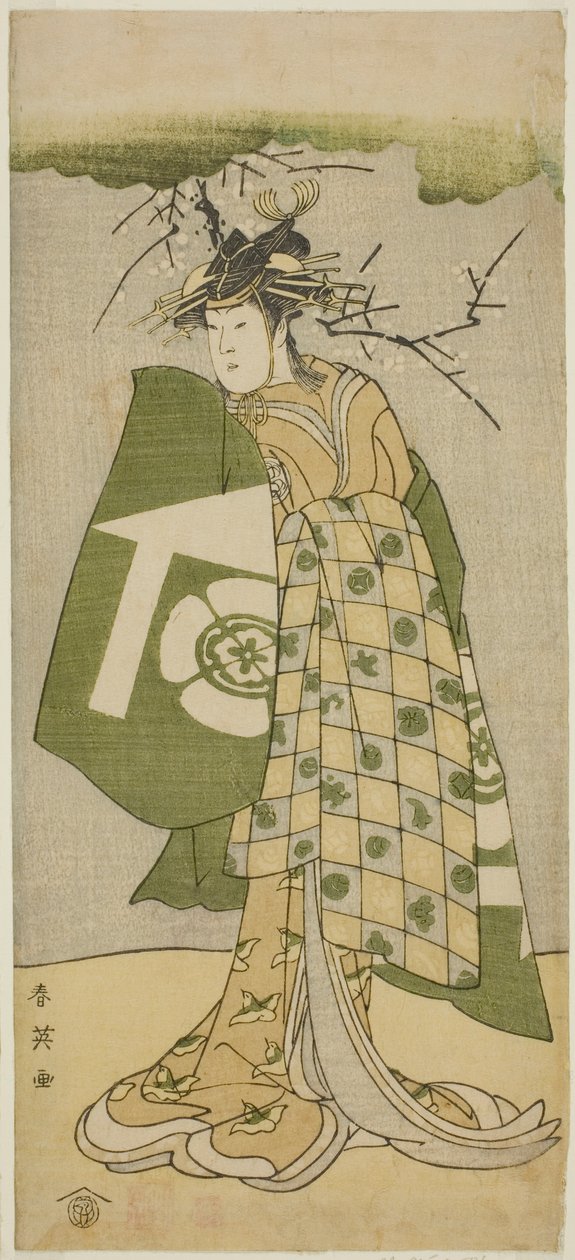 Näyttelijä Osagawa Tsuneyo II roolissa Oiso no Tora näytelmässä Gohiiki no Hana Aikyo Soga, joka esitettiin Kawarazakin teatterissa ensimmäisenä kuukautena vuonna 1794. tekijältä Katsukawa Shun