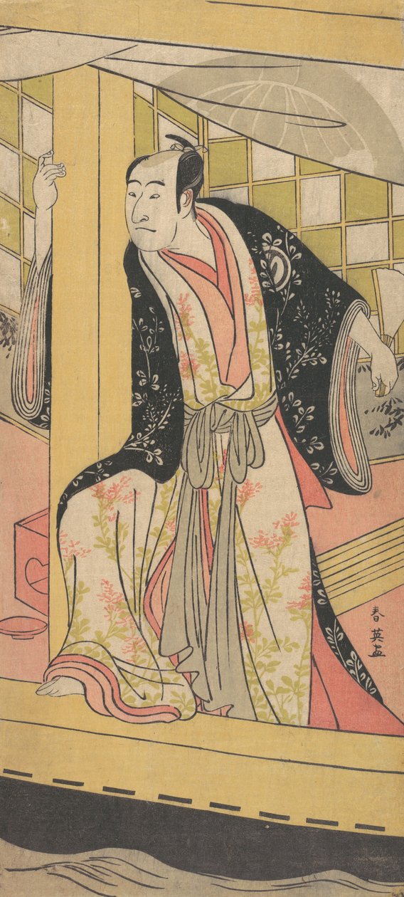 Näyttelijä Sawamura Sojuro 3. miehenä, joka seisoo huviveneessä, n. 1790. tekijältä Katsukawa Shun