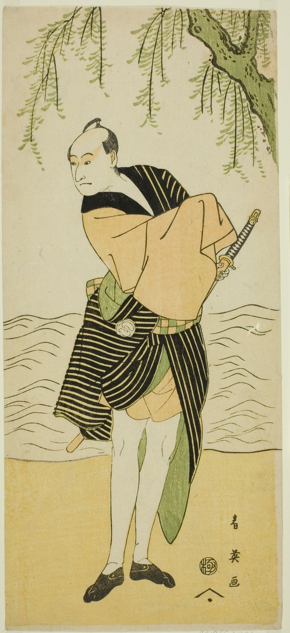 Näyttelijä Sawamura Sojuro III roolissa Ume no Yoshihei näytelmässä Suda no Haru Geisha Katagi, joka esitettiin Kiri-teatterissa ensimmäisenä kuukautena vuonna 1796. tekijältä Katsukawa Shun