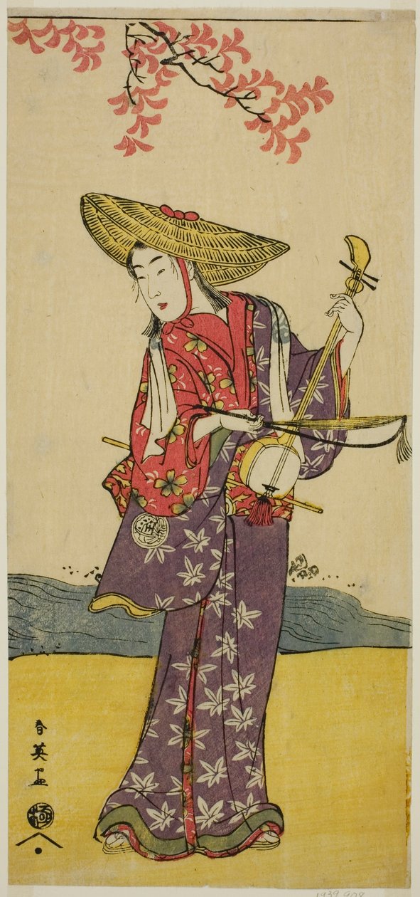 Näyttelijä Sawamura Tamagashira kiertävänä muusikkona näytelmässä Dai Danna Kanjincho, joka esitettiin Kawarazakin teatterissa yhdentenätoista kuussa vuonna 1790. tekijältä Katsukawa Shun
