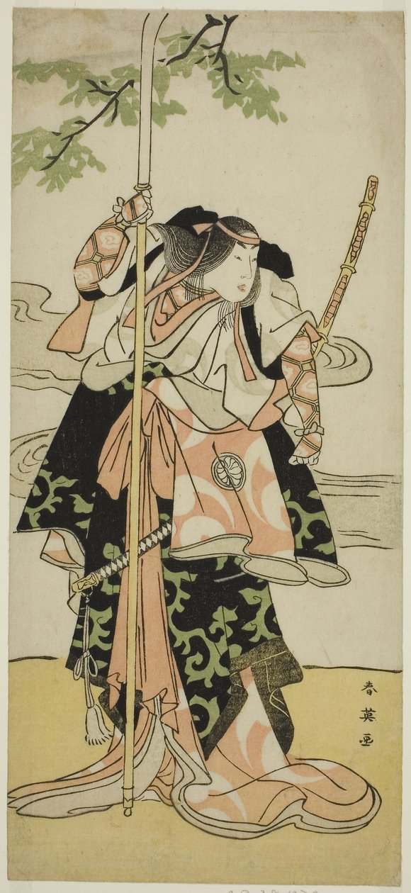 Näyttelijä Segawa Kikunojo III Lady Tomoen (Tomoe Gozen) rouvana näytelmässä Yasa Gumbai Miyako no Jindori, joka esitettiin Miyakon teatterissa yhdentenätoista kuukauden aikana, noin 1793 (värillinen puupiirros; hosoban). tekijältä Katsukawa Shun