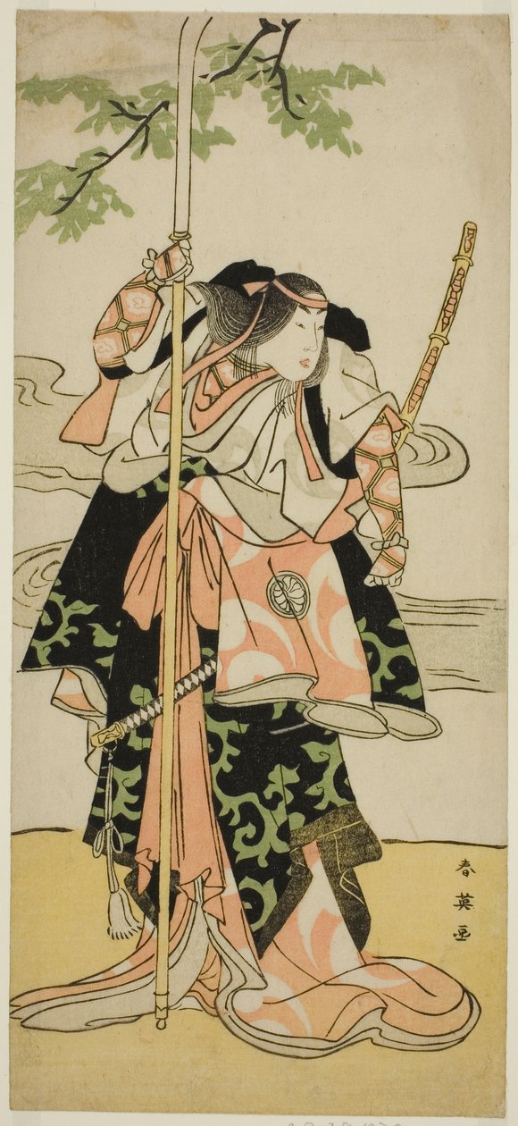 Näyttelijä Segawa Kikunojo III rouva Tomoen (Tomoe Gozen) rouvana näytelmässä Yasa Gumbai Miyako no Jindori, joka esitettiin Miyakon teatterissa yhdentenätoista kuukautena vuonna 1793. tekijältä Katsukawa Shun