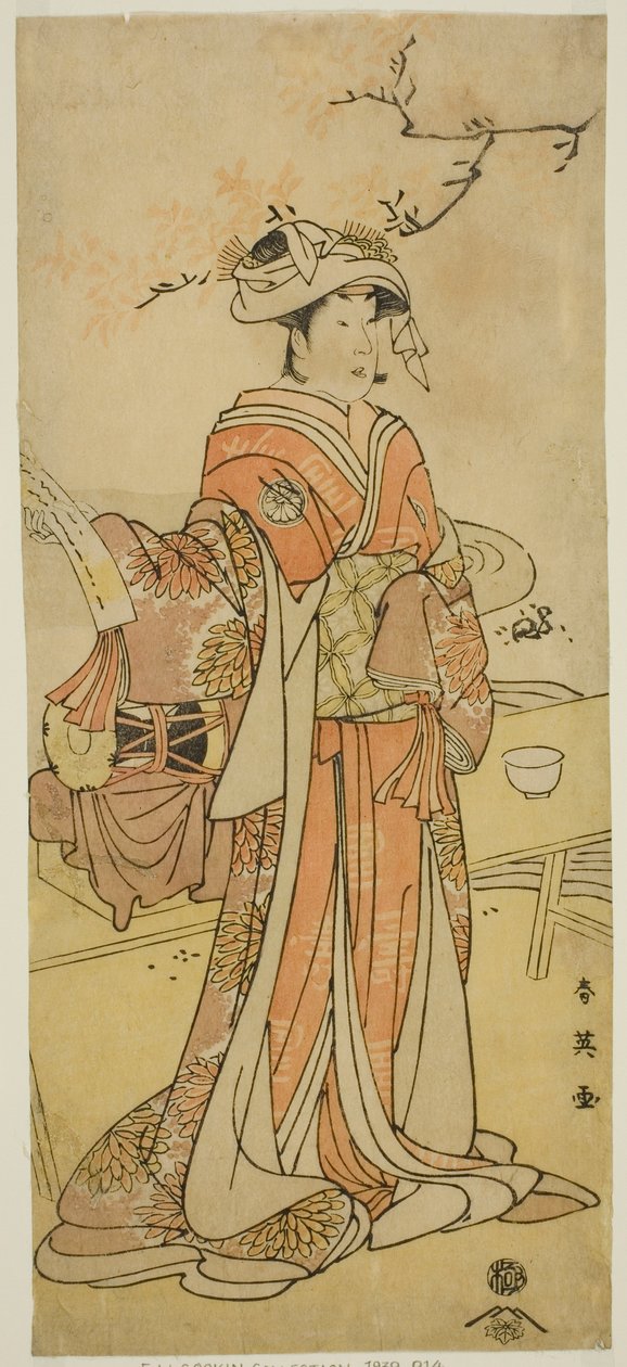 Näyttelijä Segawa Kikunojo III naispuolisena kettu-keijuna Otatsu-gitsune naamioituneena Shizuka Gozeniksi näytelmässä Kogane Saku Date no Okida, joka esitettiin Ichimura-teatterissa yhdentenätoista kuukautena vuonna 1792. tekijältä Katsukawa Shun