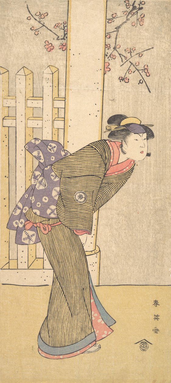 Neljäs Iwai Hanshiro naisena seisovana toriin alla, n. 1791 tekijältä Katsukawa Shun