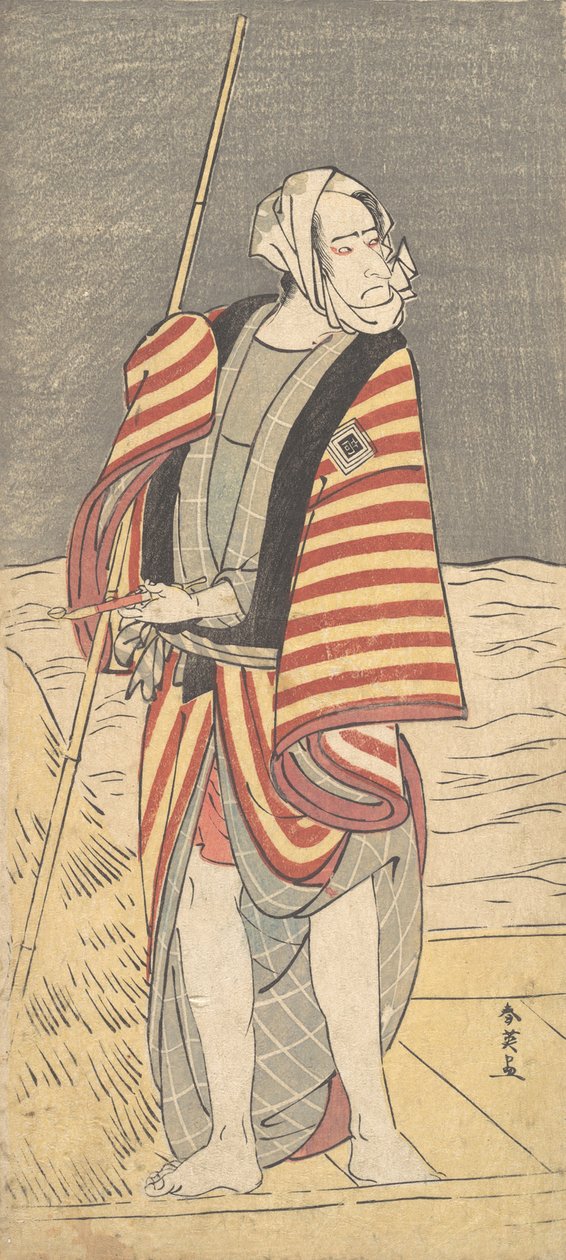 Toinen Ichikawa Komazo venemiehenä seisomassa proomun kannella, n. 1793 tekijältä Katsukawa Shun