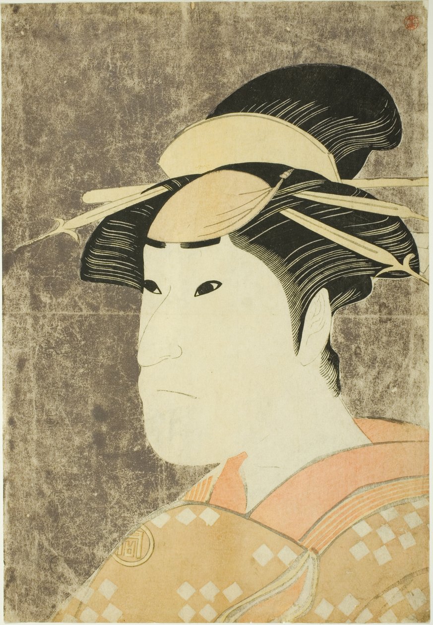 Näyttelijä Sanogawa Ichimatsu III Gionin prostituoituna Onayona näytelmässä "Hana-ayame Bunroku Soga", joka esitettiin Miyakon teatterissa viidennessä kuussa vuonna 1794. tekijältä Katsukawa Shun