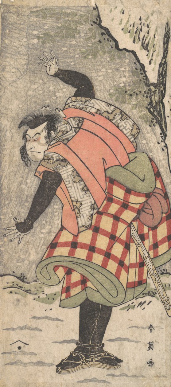 Tuntematon näyttelijä kyokakuna seisovana kallion juurella lumimyrskyssä, n. 1793. tekijältä Katsukawa Shun