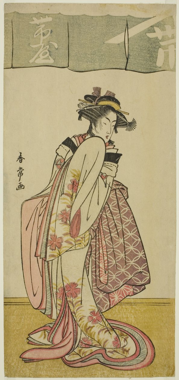Näyttelijä Segawa Kikunojo III Shinanoya Ohanina näytelmässä Kabuki no Hana Bandai Soga, esitettiin Ichimura-teatterissa kolmantena kuukautena, n. 1786 (värillinen puupainatus; hosoban) tekijältä Katsukawa Shunjō
