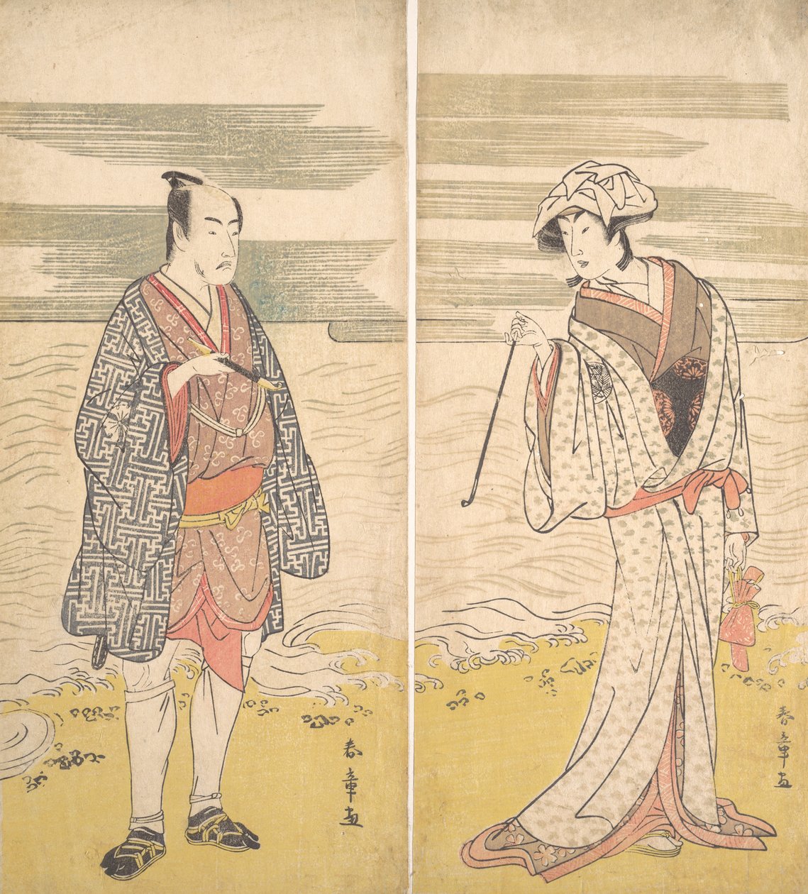 Kaksi näyttelijää: Neljäs Matsumoto Koshiro lyhyeen kimonoon pukeutuneena miehenä [vasemmalla], 1779. tekijältä Katsukawa Shunjo