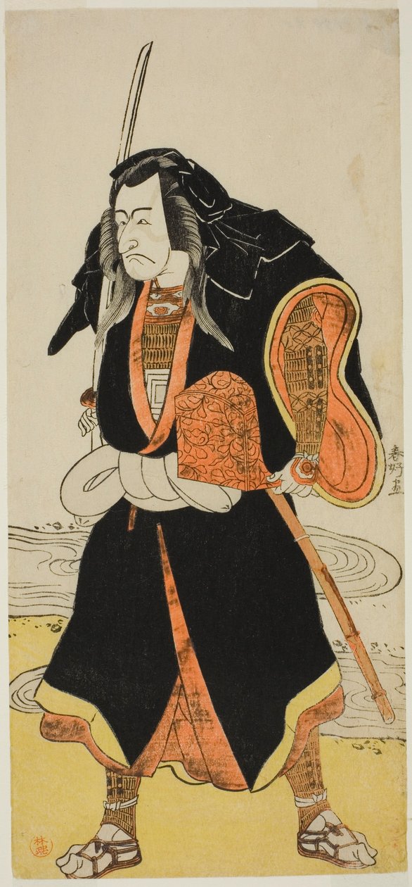 Näyttelijä Ichikawa Danjuro V, luultavasti Ise no Saburo naamioituneena Sanjo Uemoniksi, rosvojoukon johtajaksi, näytelmän Fude-hajime Kanjincho (Uuden vuoden ensimmäinen kalligrafia: Kanjincho [tilausluettelo]) toisessa osassa, esitetty Nakamura-teatteris tekijältä Katsukawa Shunkо̄