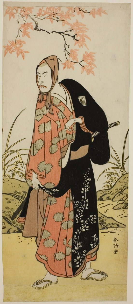 Näyttelijä Ichikawa Komazo III roolissa Katanaya Hanshichi näytelmässä Heike Hyobanki, joka esitettiin Nakamura-teatterissa yhdeksäntenä kuukautena vuonna 1789. tekijältä Katsukawa Shunkо̄