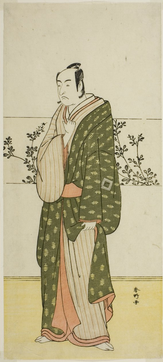 Näyttelijä Ichikawa Monnosuke II, mahdollisesti Matsuya Soshichi, näytelmässä Chiyo no Hajime Ondo no Seto (Ikuisuuden alku: Ondon salmi Seton sisämerellä) (), joka esitettiin Kiri-teatterissa seitsemännen kuukauden kahdestakymmenennestä seitsemännestä päi tekijältä Katsukawa Shunkо̄