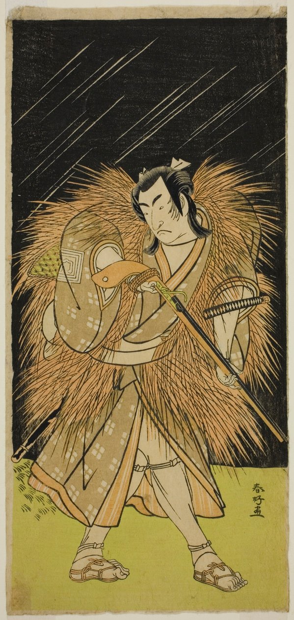 Näyttelijä Ichikawa Monnosuke II Hayano Kampeina näytelmässä Kanadehon Chushin Najori no Kura, joka esitettiin Nakamura-teatterissa yhdeksäntenä kuukautena vuonna 1780. tekijältä Katsukawa Shunkо̄