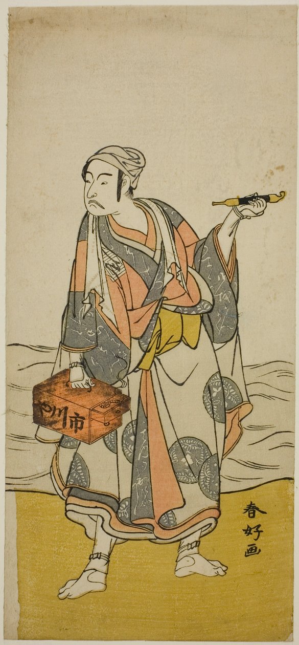 Näyttelijä Ichikawa Yaozo II venemies Jirosakuna näytelmässä Oyafune Taiheiki, joka esitettiin Ichimura-teatterissa yhdentenätoista kuukautena vuonna 1775. tekijältä Katsukawa Shunkо̄
