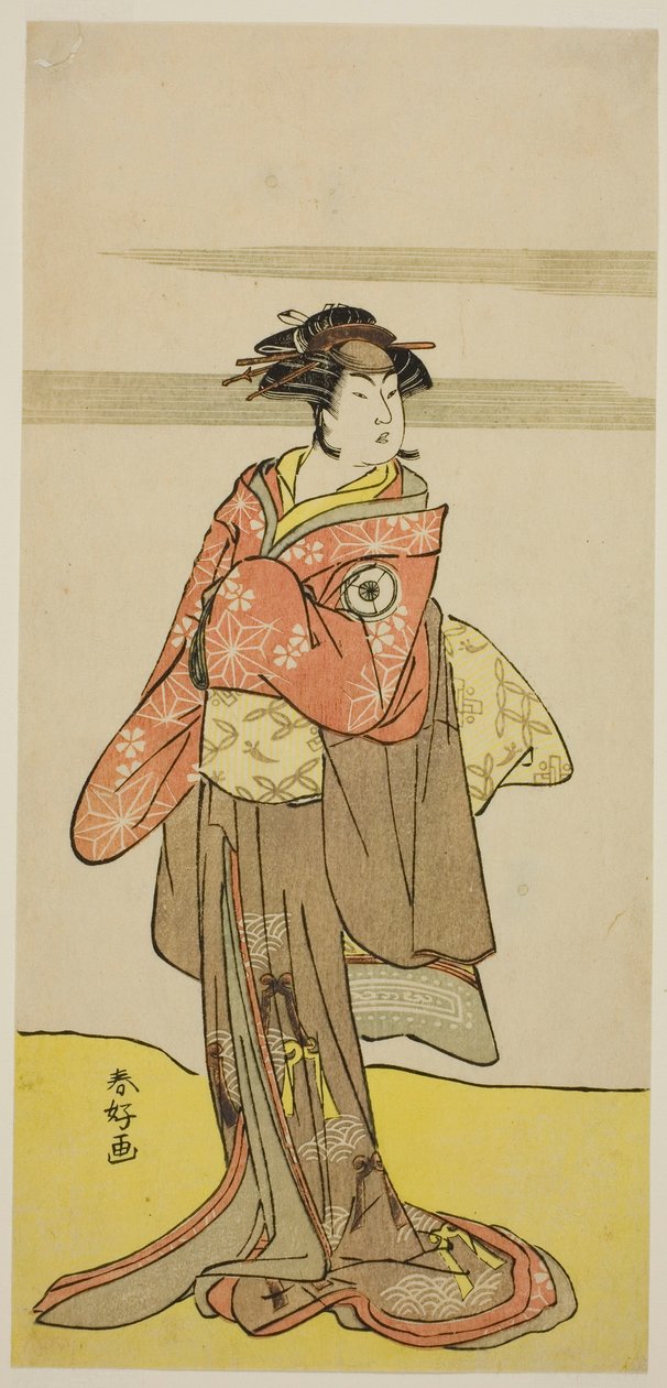 Näyttelijä Iwai Hanshiro IV Hitomarun roolissa geisha Oshuniksi naamioituneena näytelmässä Edo no Hana Mimasu Soga, joka esitettiin Nakamura-teatterissa kolmannella kuukaudella vuonna 1783. tekijältä Katsukawa Shunkо̄
