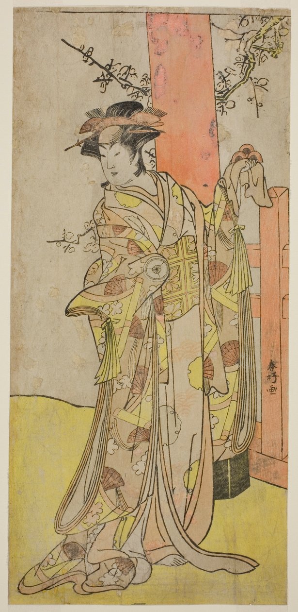 Näyttelijä Iwai Hanshiro IV roolissa Kitsune ga Saki Otama () näytelmässä Miyakodori Yayoi no Watashi (), joka esitettiin Kiri-teatterissa () vuoden 1787 kolmannella kuukaudella (). tekijältä Katsukawa Shunkо̄