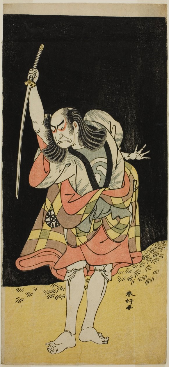 Näyttelijä Nakamura Nakazo I roolissa Ippei () näytelmässä Koi Nyobo Somewake Tazuna (), joka esitettiin Ichimura-teatterissa () kahdeksantena kuukautena vuonna 1778 (). tekijältä Katsukawa Shunkо̄