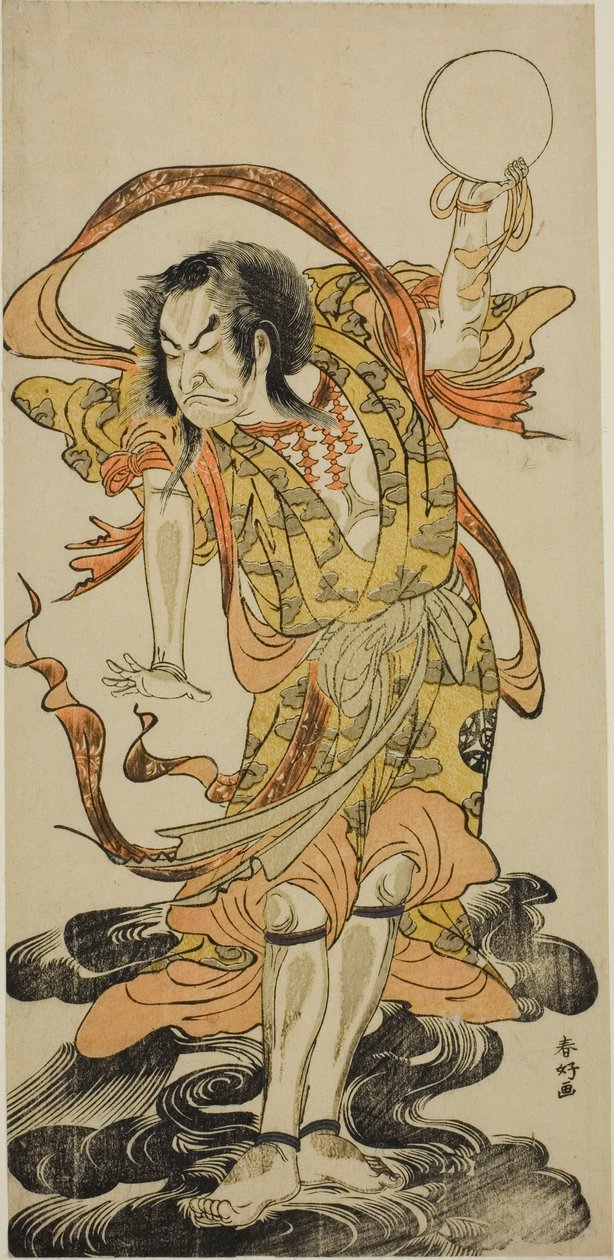 Näyttelijä Nakamura Nakazo I Toyose Saburozaemon Kageakina näytelmässä Hono Nitta Daimyojin, joka esitettiin Morita-teatterissa seitsemännessä kuussa vuonna 1777. tekijältä Katsukawa Shunkо̄