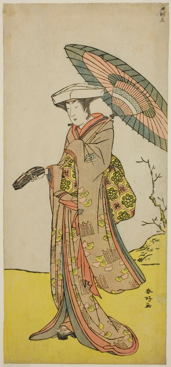 Näyttelijä Nakayama Kojuro VI Chinzei Hachiro Tametomo naamioituneena Lady Hotokeksi (Hotoke Gozen) näytelmässä Yukimotsu Take Furisode Genji, joka esitettiin Nakamura-teatterissa yhdentenätoista kuukautena vuonna 1785. tekijältä Katsukawa Shunkо̄