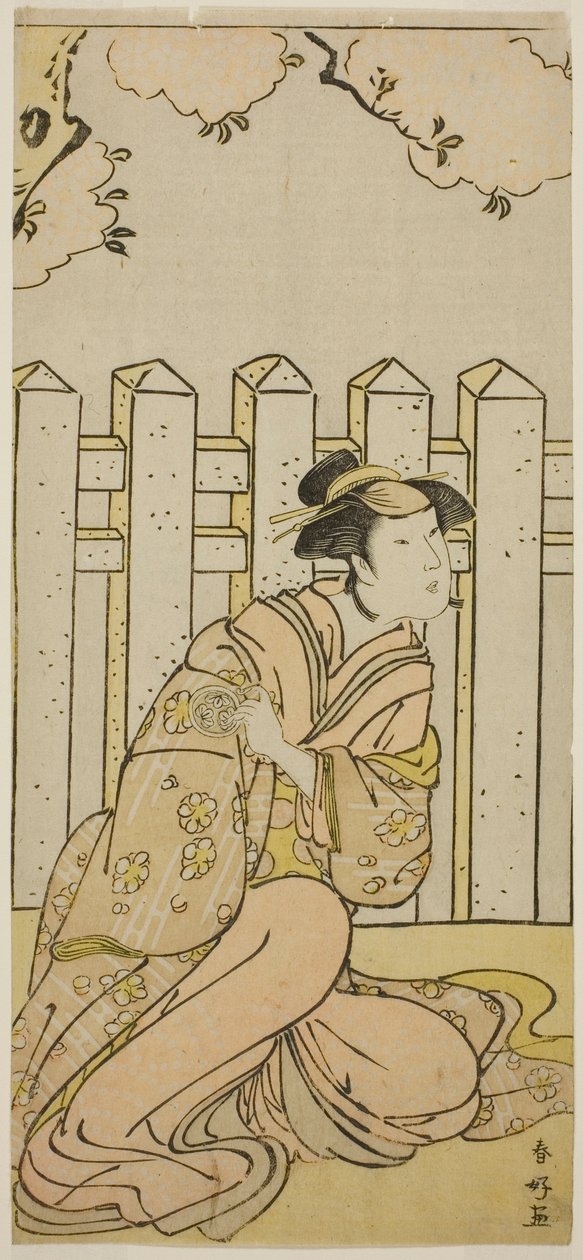 Näyttelijä Osagawa Tsuneyo II Onoen roolissa näytelmässä Haru no Nishiki Date-zome Soga, joka esitettiin Nakamura-teatterissa neljäntenä kuukautena vuonna 1790. tekijältä Katsukawa Shunkо̄
