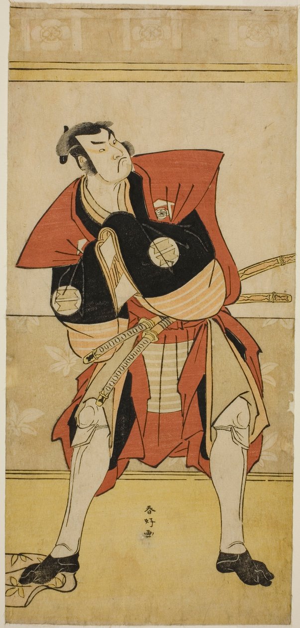 Näyttelijä Sakata Hangoro III Omi no Kotodana näytelmässä Haru no Nishiki Date-zome Soga, joka esitettiin Nakamura-teatterissa toisena kuukautena vuonna 1790. tekijältä Katsukawa Shunkо̄