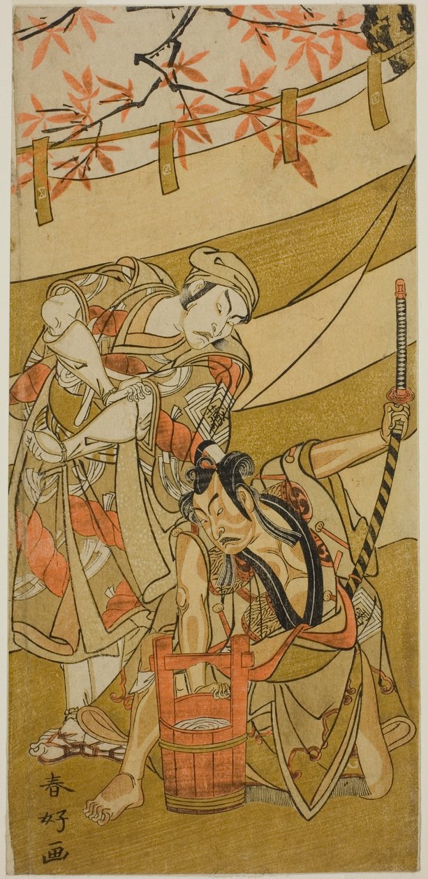 Näyttelijät Ichikawa Raizo II roolissa Kojiro Masahira (oikealla) ja Ichikawa Danzo IV roolissa Doi no Yataro (vasemmalla) näytelmässä Kaomise Ama no Iwato, joka esitettiin Nakamura-teatterissa yhdentenätoista kuukautena 1774. tekijältä Katsukawa Shunkо̄