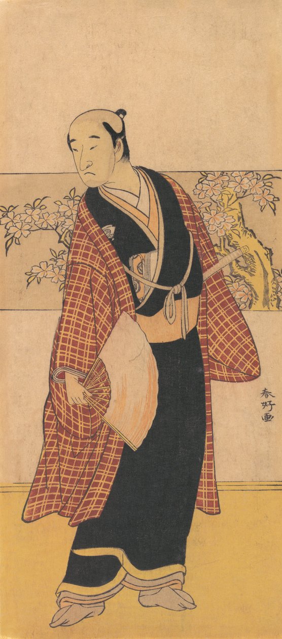 Tuntematon näyttelijä seisoo auki tuuletin kädessään, 1743-1812. tekijältä Katsukawa Shunko
