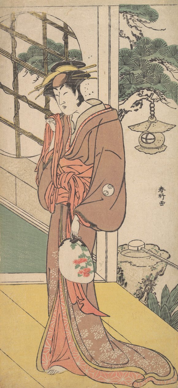 Arashi Ryuzo pitkänä naisena seisovana Engawassa, n. 1789. tekijältä Katsukawa Shunko