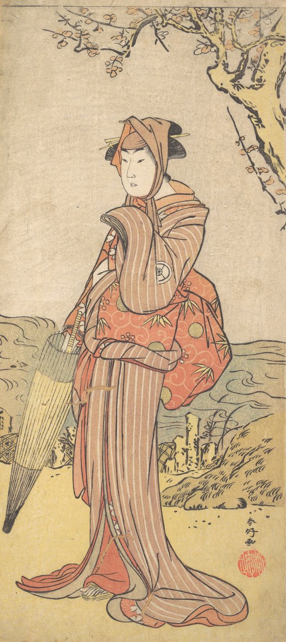 Iwai Kiyotaro naisena seisovana luumupuun alla, n. 1788. tekijältä Katsukawa Shunko