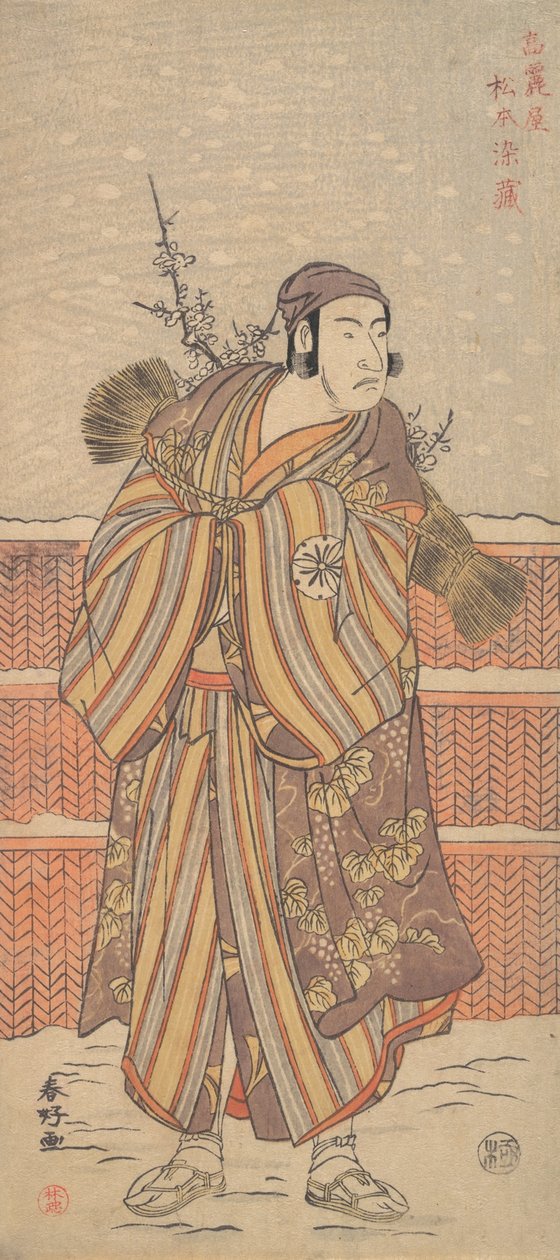 Matsumoto Sumezo miehenä talviasussa seisovana lumessa, n. 1785-90. tekijältä Katsukawa Shunko