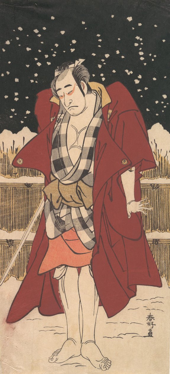 Onoe Matsusuke miekalla aseistettuna miehenä seisomassa lumessa aidan edessä, 1786. tekijältä Katsukawa Shunko