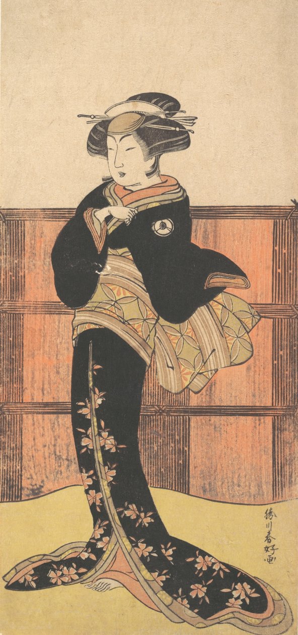 Neljäs Iwai Hanshiro naisena mustassa kimonossa, n. 1778 tekijältä Katsukawa Shunko