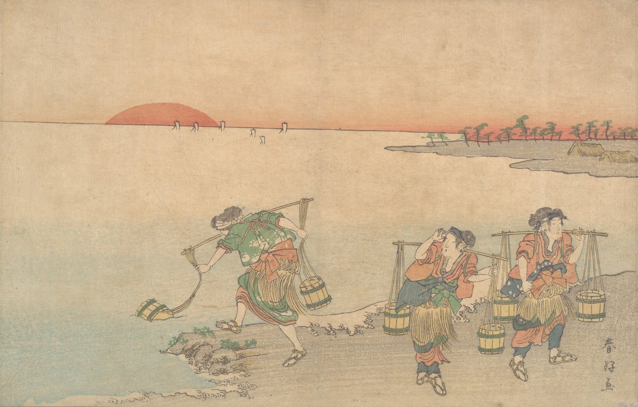 Kolme vedenkuljettajaa rannalla, 1700-luvun loppu. tekijältä Katsukawa Shunko