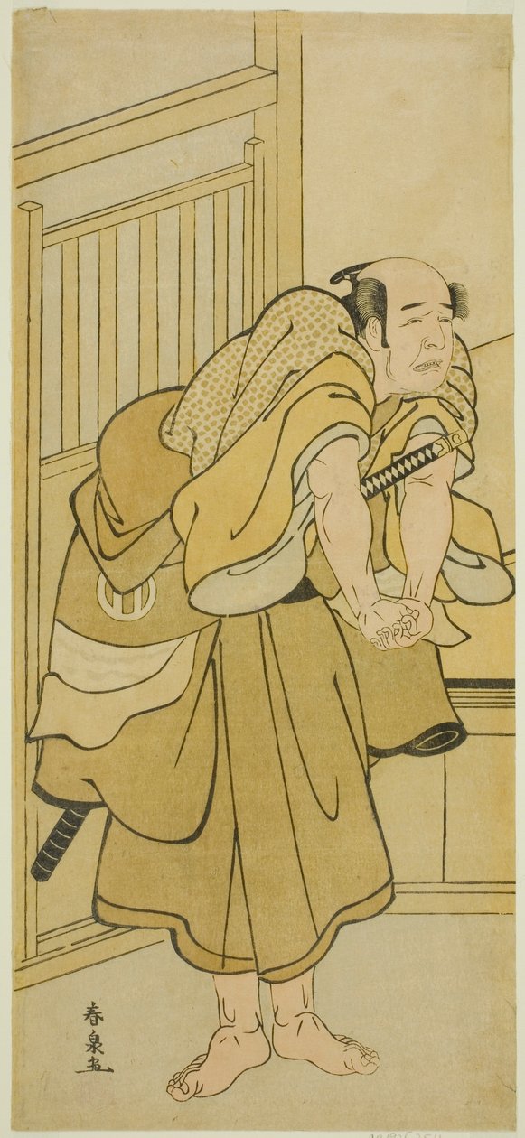 Näyttelijä Asao Tamejuro I humalaisen Gotobein roolissa näytelmässä Yoshitsune Koshigoe Jo, esitettiin Ichimura-teatterissa yhdeksännessä kuussa, 1790 tekijältä Katsukawa Shunsen
