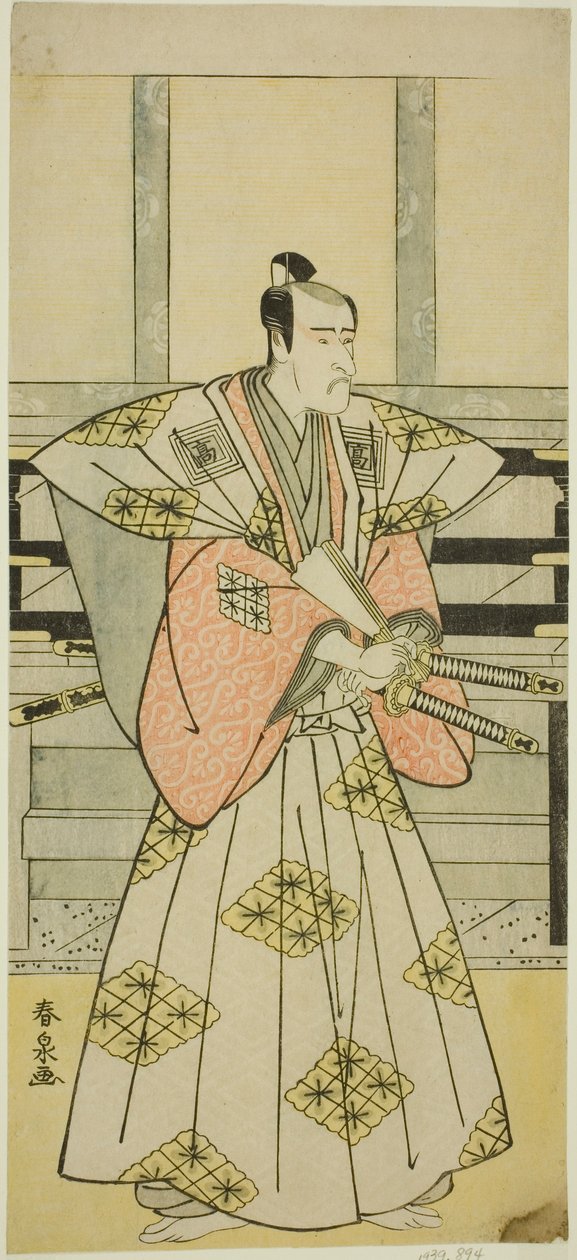Näyttelijä Ichikawa Komazo III Fuji Sakonina (?) näytelmässä Egara Tenjin Risho Kagami (?), joka esitettiin Nakamura-teatterissa (?) kolmannessa kuussa, 1789 (?) tekijältä Katsukawa Shunsen