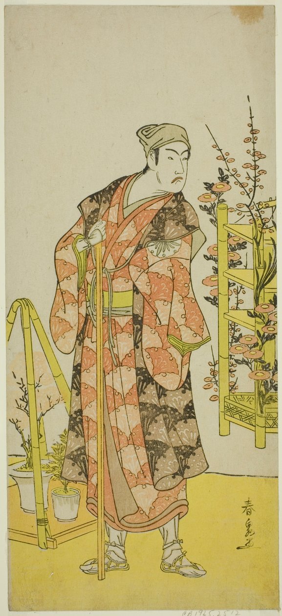 Näyttelijä Matsumoto Koshiro IV kasvinmyyjänä Awashima no Yonosuke näytelmässä Mukashi Otoko Yuki no Hinagata, esitettiin Ichimura-teatterissa yhdestoista kuukaudessa, 1781 tekijältä Katsukawa Shunsen