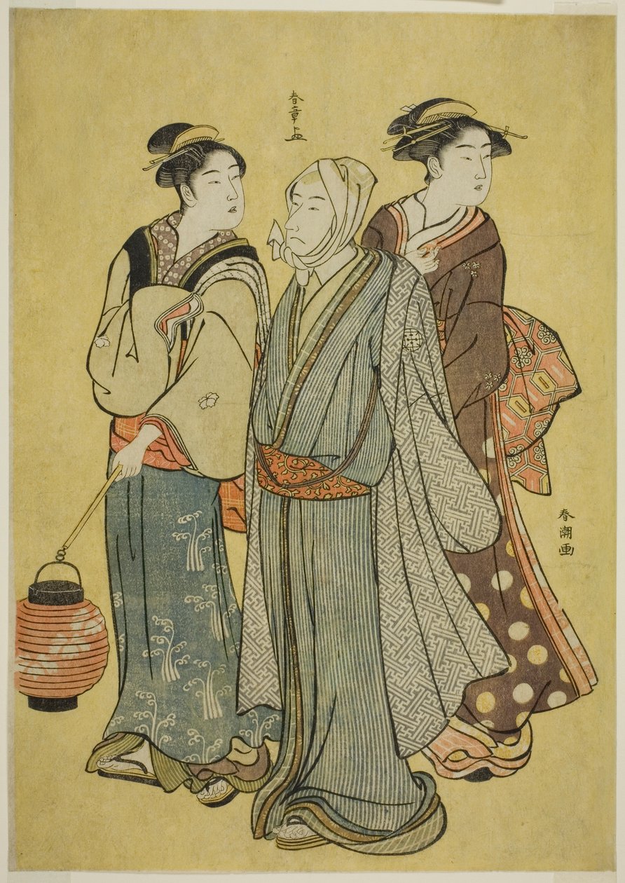 Ichikawa-perheen näyttelijäksi pukeutunut nuori mies (Shunsho), piika ja geisha (Shuncho) tekijältä Katsukawa Shunsho