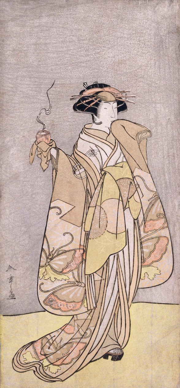 Täyspitkä muotokuva näyttelijä Ichikawa Monnosuke II:sta naisroolissa suitsukkeita pitelemässä (värillinen puupainatus) tekijältä Katsukawa Shunsho