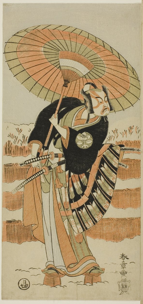 Näyttelijät Ichimura Uzaemon IX roolissa Kajiwara Genta no Kagetoki (vasemmalla), Segawa Kikunojô II roolissa Yuki Onna (keskellä) ja Arashi Sangorô II roolissa Minamoto no Yoritomo (oikealla) elokuvassa "Izun puuvillavanu, joka suojelee avioliiton krysant tekijältä Katsukawa Shunsho