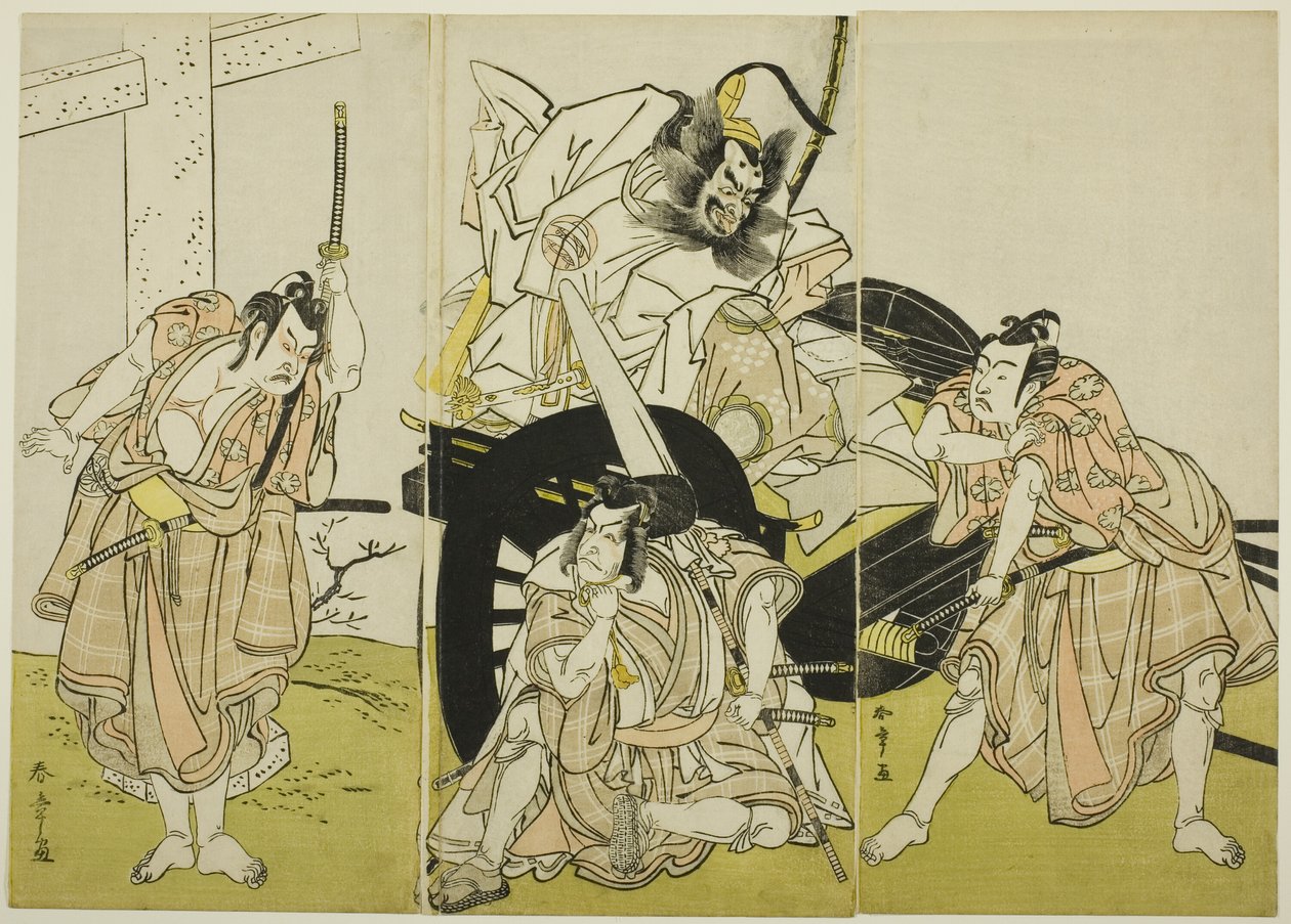 Näyttelijät Nakajima Mihoemon II (Fujiwara no Shihei), Ichikawa Ebizô III (Matsuo-maru), Ichikawa Yaozô II (Sakura-maru) ja Ichimura Uzaemon IX (Umeo-maru) elokuvassa "Sugawaran kalligrafian salaisuudet" ("Sugawara denju tenarai kagami"). tekijältä Katsukawa Shunsho