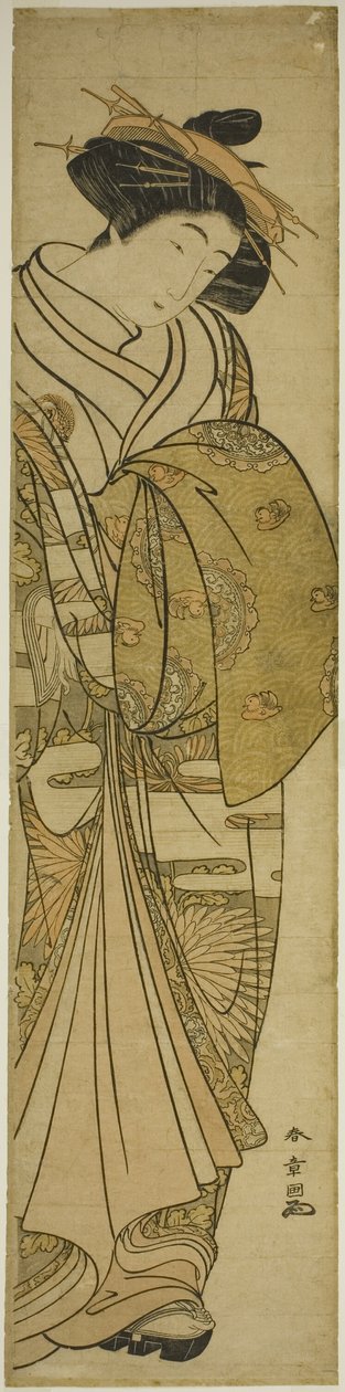 Courtesaani yllään krysanteemikuvioinen kimono tekijältä Katsukawa Shunsho
