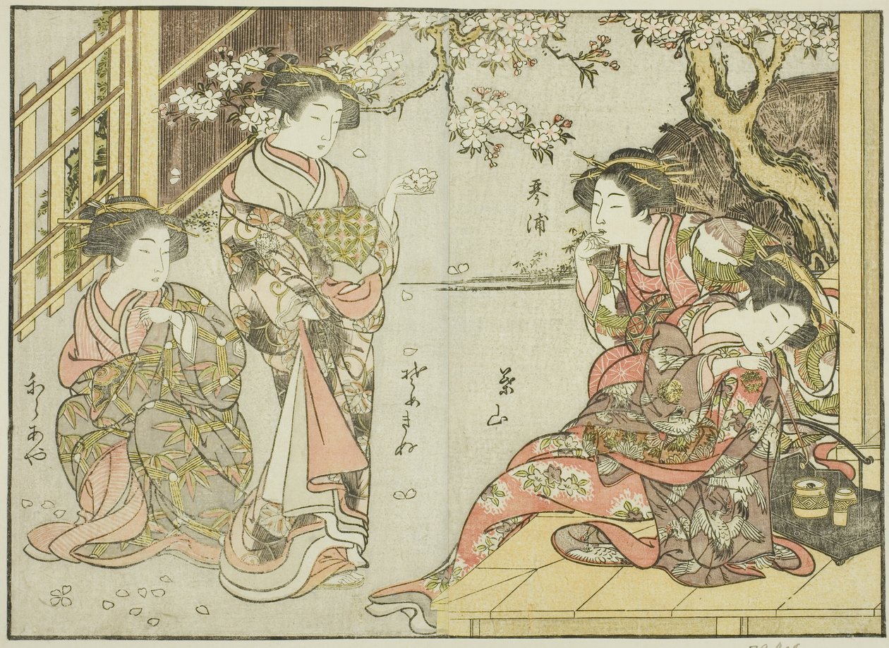 Asahimaruyan kurtisaanit kirjasta "Mirror of Beautiful Women of the Pleasure Quarters (Seiro bijin awase sugata kagami)", voi. 1 tekijältä Katsukawa Shunsho