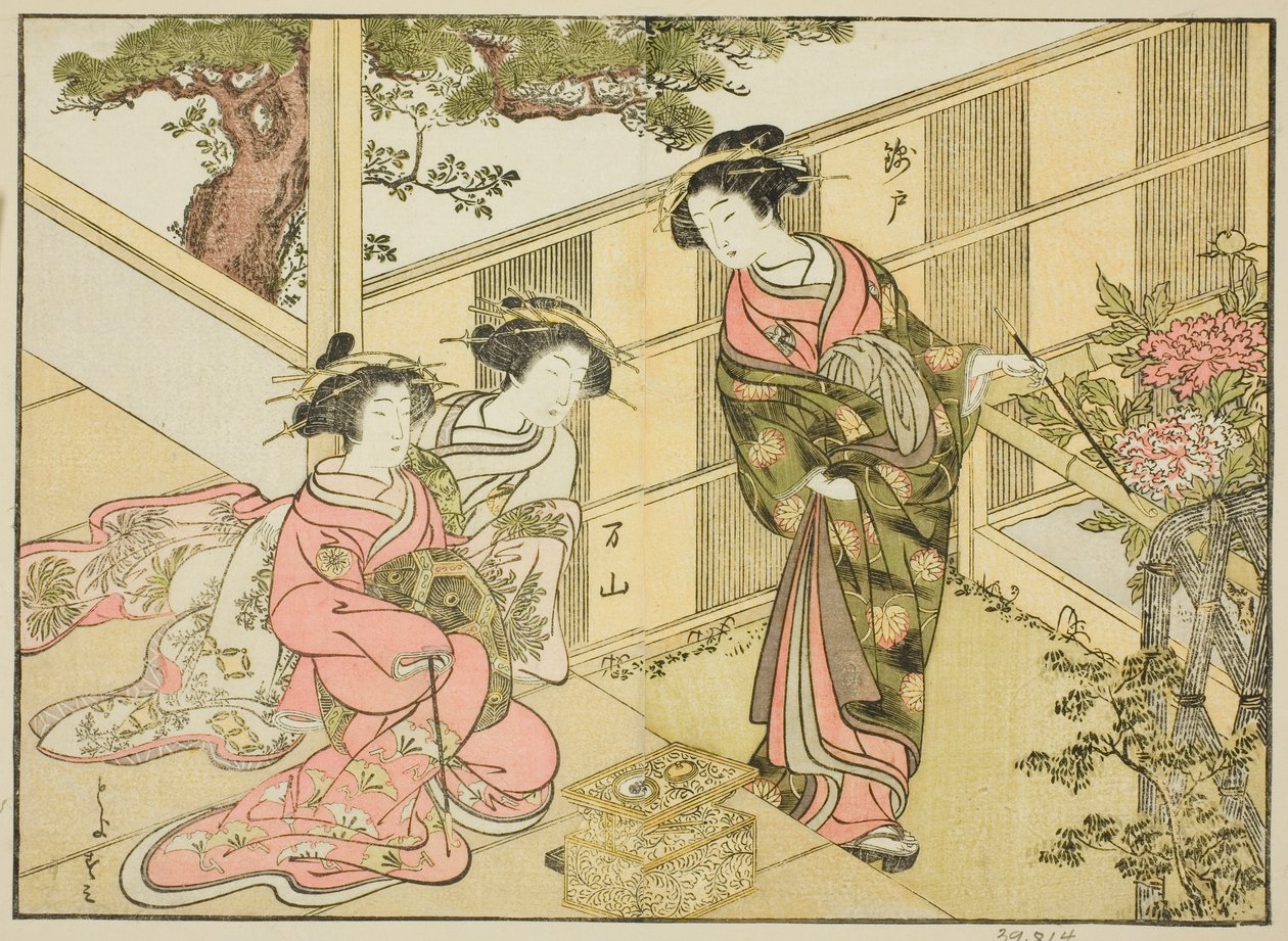 Chojiyan kurtisaanit kirjasta "A Comparison of Beauties of the Green Houses: A Mirror of Their Forms (Seiro bijin awase sugata kagami)," voi. 1 tekijältä Katsukawa Shunsho