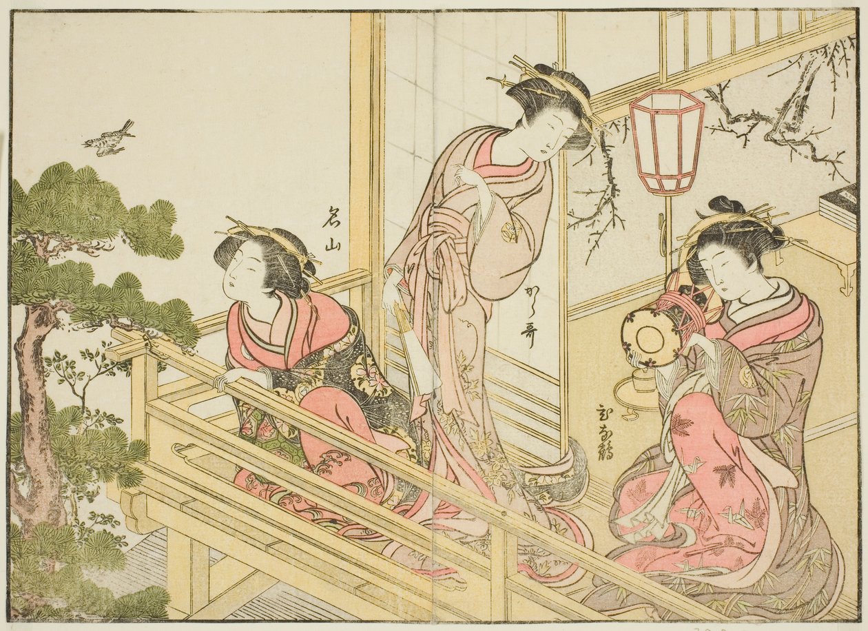 Chojiyan kurtisaanit kirjasta "Mirror of Beautiful Women of the Pleasure Quarters (Seiro bijin awase sugata kagami)," voi. 1 tekijältä Katsukawa Shunsho