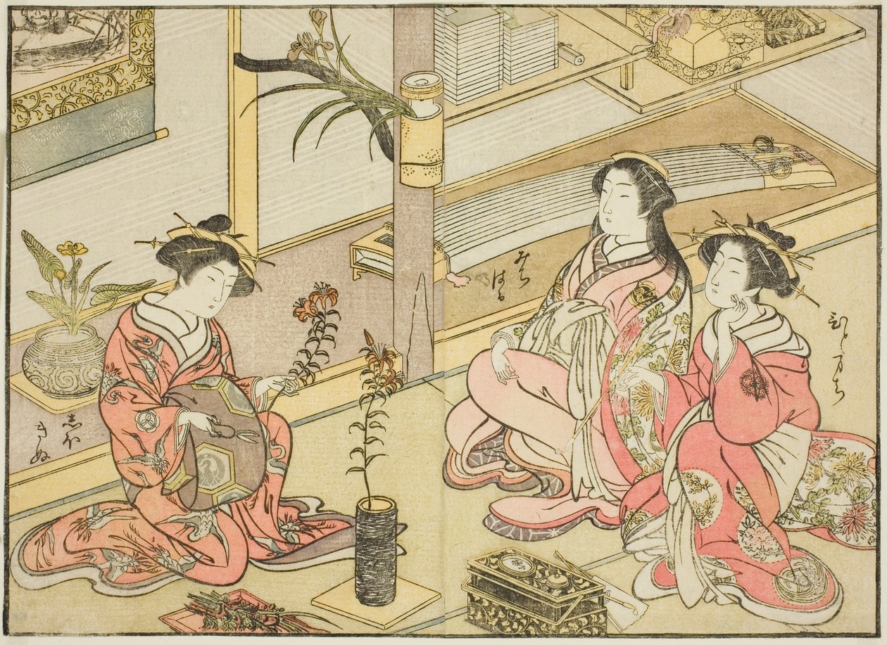 Kadotsutayan kurtisaanit kirjasta "Mirror of Beautiful Women of Pleasure Quarters (Seiro bijin awase sugata kagami)", voi. 1 tekijältä Katsukawa Shunsho
