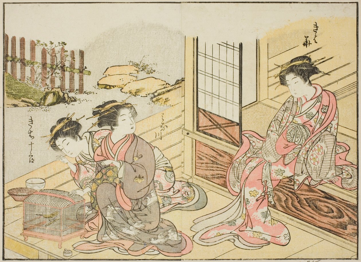 Kagemanjiyan kurtisaanit kirjasta "Mirror of Beautiful Women of the Pleasure Quarters (Seiro bijin awase sugata kagami)", voi. 1 tekijältä Katsukawa Shunsho