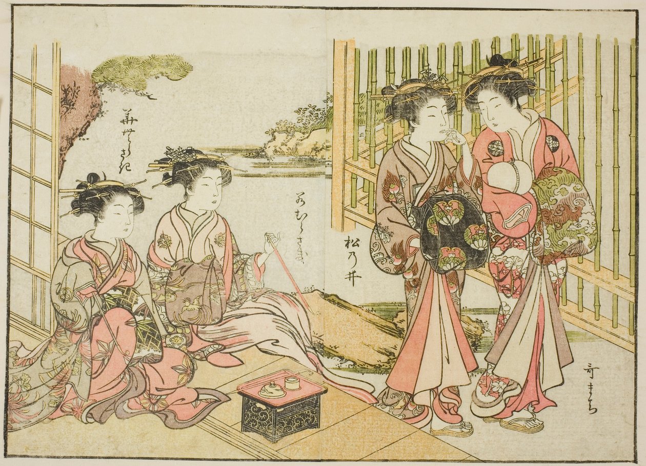Matsubayan kurtisaanit, kirjasta "Mirror of Beautiful Women of the Pleasure Quarters (Seiro bijin awase sugata kagami)", voi. 1 tekijältä Katsukawa Shunsho