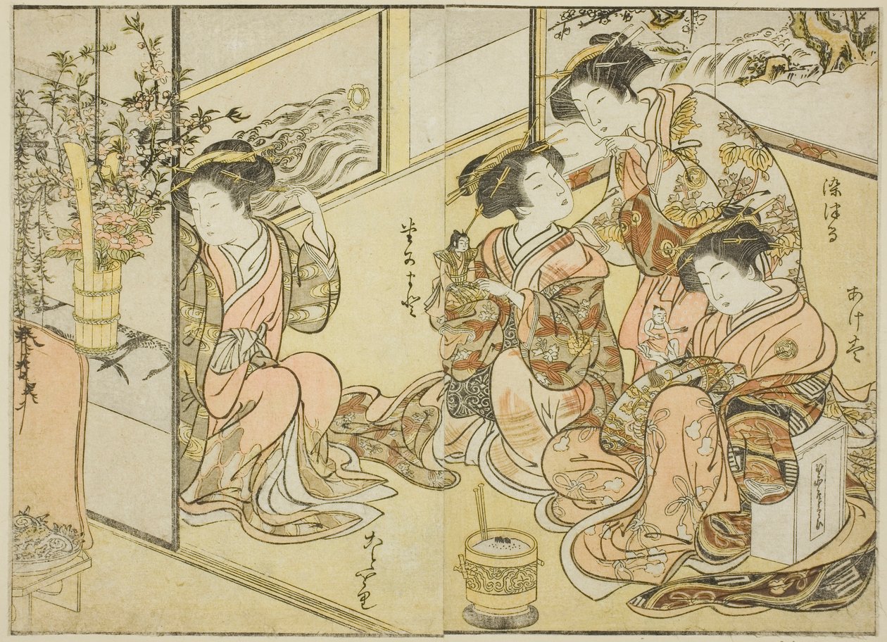 Matsuneyan kurtisaanit kirjasta "Mirror of Beautiful Women of the Pleasure Quarters (Seiro bijin awase sugata kagami)", voi. 1 tekijältä Katsukawa Shunsho