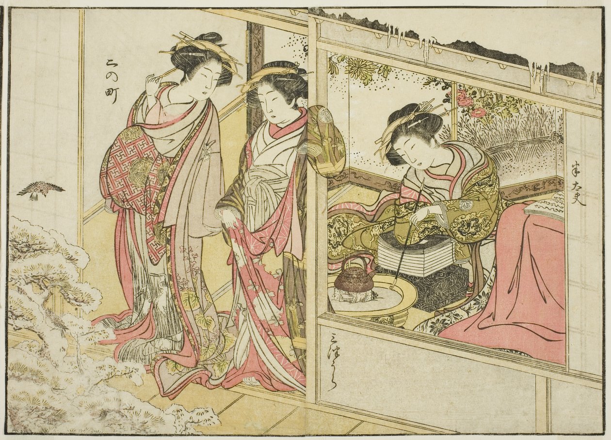 Nakaomiyan kurtisaanit kirjasta "Mirror of Beautiful Women of the Pleasure Quarters (Seiro bijin awase sugata kagami)", voi. 2 tekijältä Katsukawa Shunsho